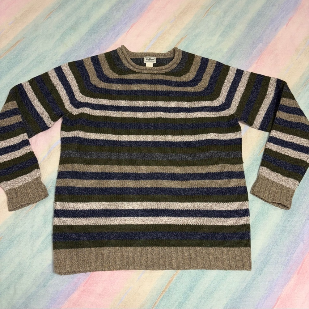 Ll Bean Sweater Beige Striped Mens Roll Neck Lambs Wool Fisherman size XL